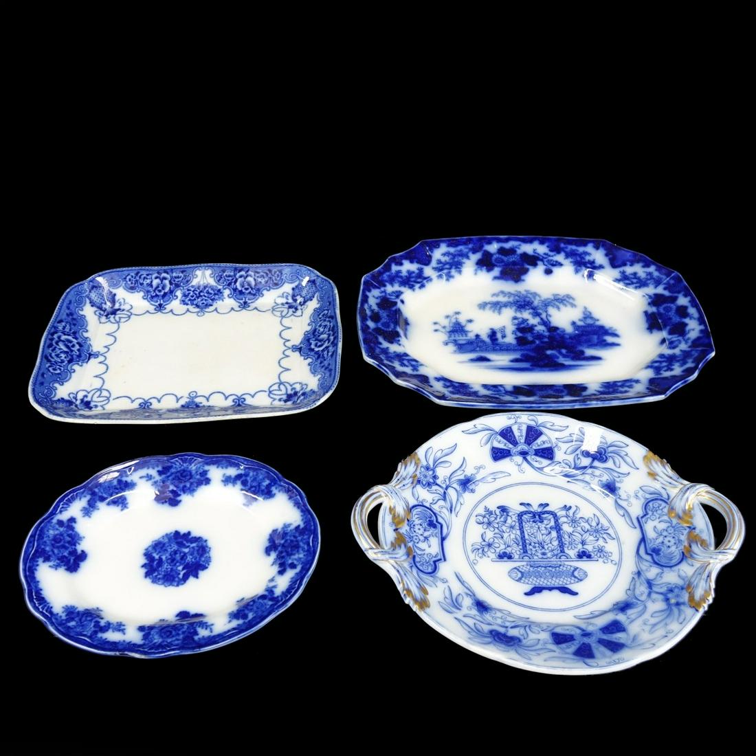 Four (4) Antique Flow Blue Serving Platters (1 of 2)