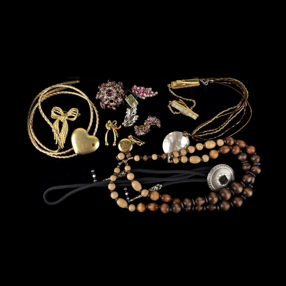 Costume Jewelry: Vintage Costume Jewelry Including Four Necklaces, Three Brooches, Two Pair of Earrings and One Pair of Sweater Clips. Variously accented with wood beads, shell, mother of pearl, faux gemstones and rhi