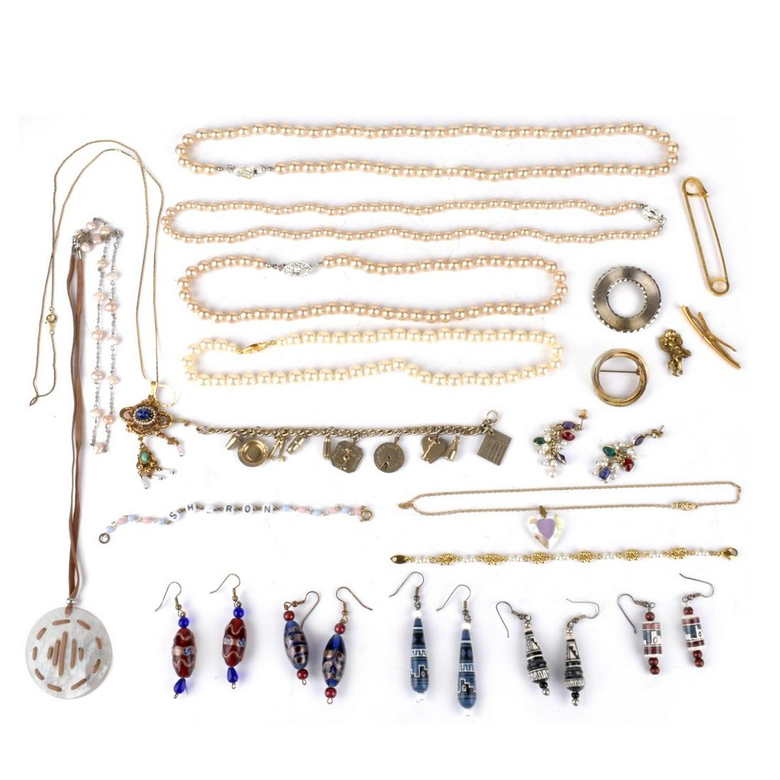Costume Jewelry: Costume Jewelry Lot Including Necklaces, Bracelets, Earrings and Pins. Variously accented with beads, mother of pearl, faux gemstones and faux pearls. Condition: New to vintage used condition. Overall