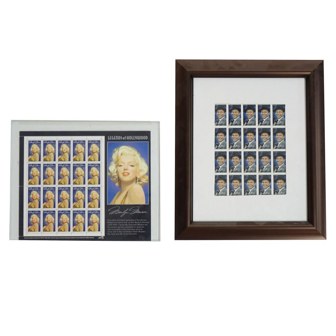 Two (2) Stamp Sheets Presented in Frames: Lot of Two (2) Stamp Sheets Presented in Frames. includes 'legends of Hollywood: Maryland Monroe" and 'Frank Sinatra". Total of 40 stamps. Largest measures 12" H x 10" W, smaller measures 8" H x 10" W