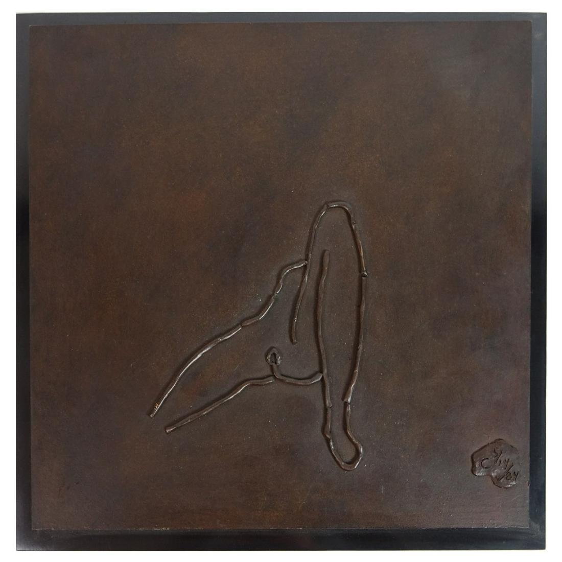 Larry Mohr, American (1921 - 2013): Larry Mohr, American (1921 - 2013) Wall Hanging Bronze and Composition Sculpture Mounted on Wooden Backing "C" (Erotic Composition) Signed and Dated 5-14-84 Lower Right. Measures 12" H x 11-7/8" W, ov