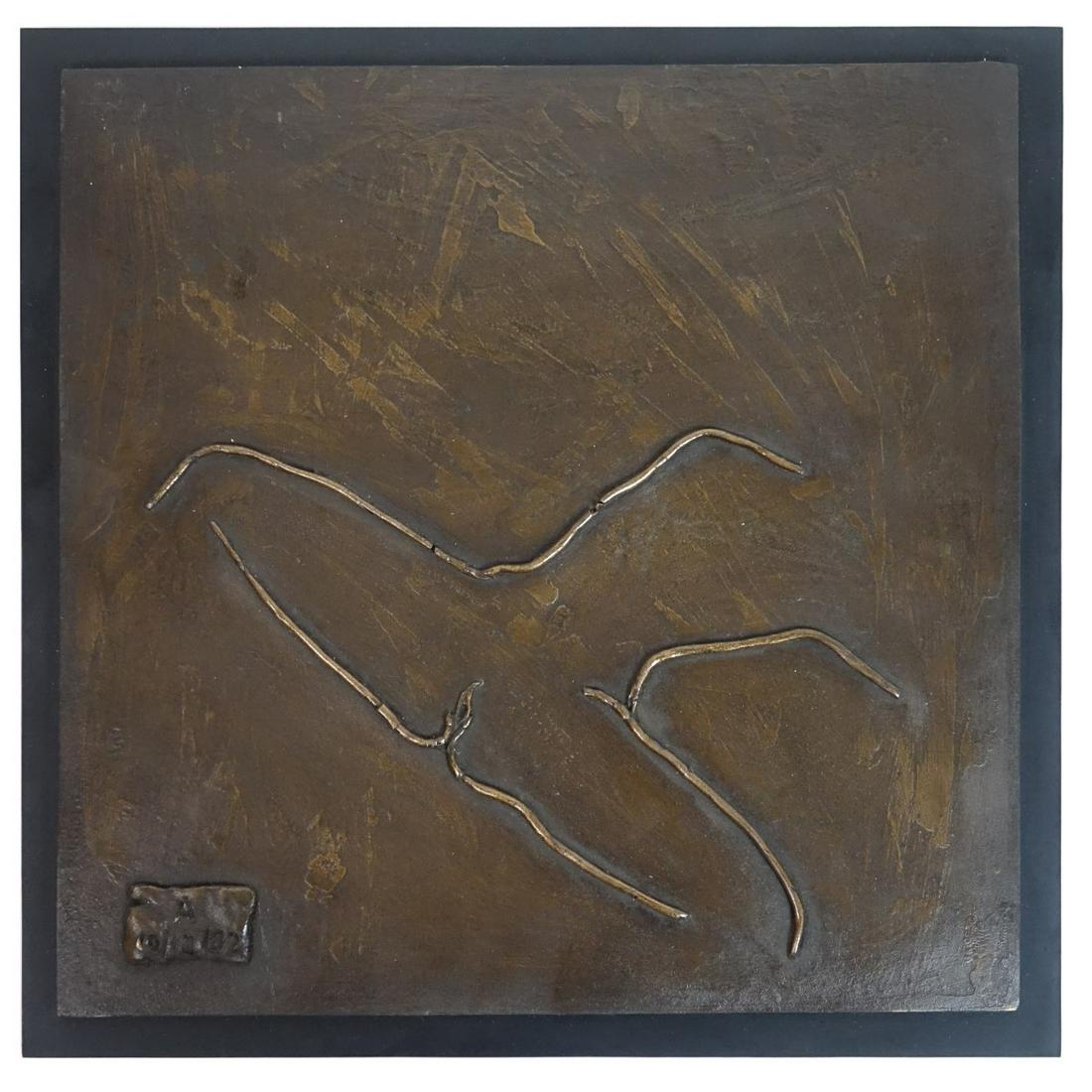 Larry Mohr, American (1921 - 2013): Larry Mohr, American (1921 - 2013) Wall Hanging Polychrome Bronze and Composition Sculpture Mounted on Wooden Backing "A" (Erotic Composition) Signed and Dated 10-12-82 Lower Right. Measures 12" H x 1