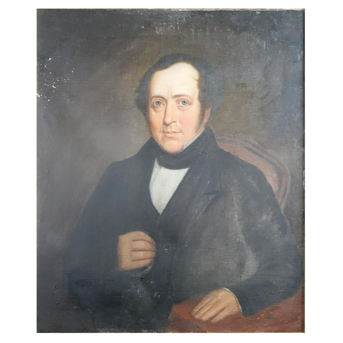 Early 20th C. Oil on Canvas: Early 20th Century Oil on Canvas "Portrait of a Dignified Man" Unsigned. William Lesterhouse Antiques Mattawan, Michigan label attached en verso. Measures 30" H x 24-3/4' W, frame measures 34" H x 28-