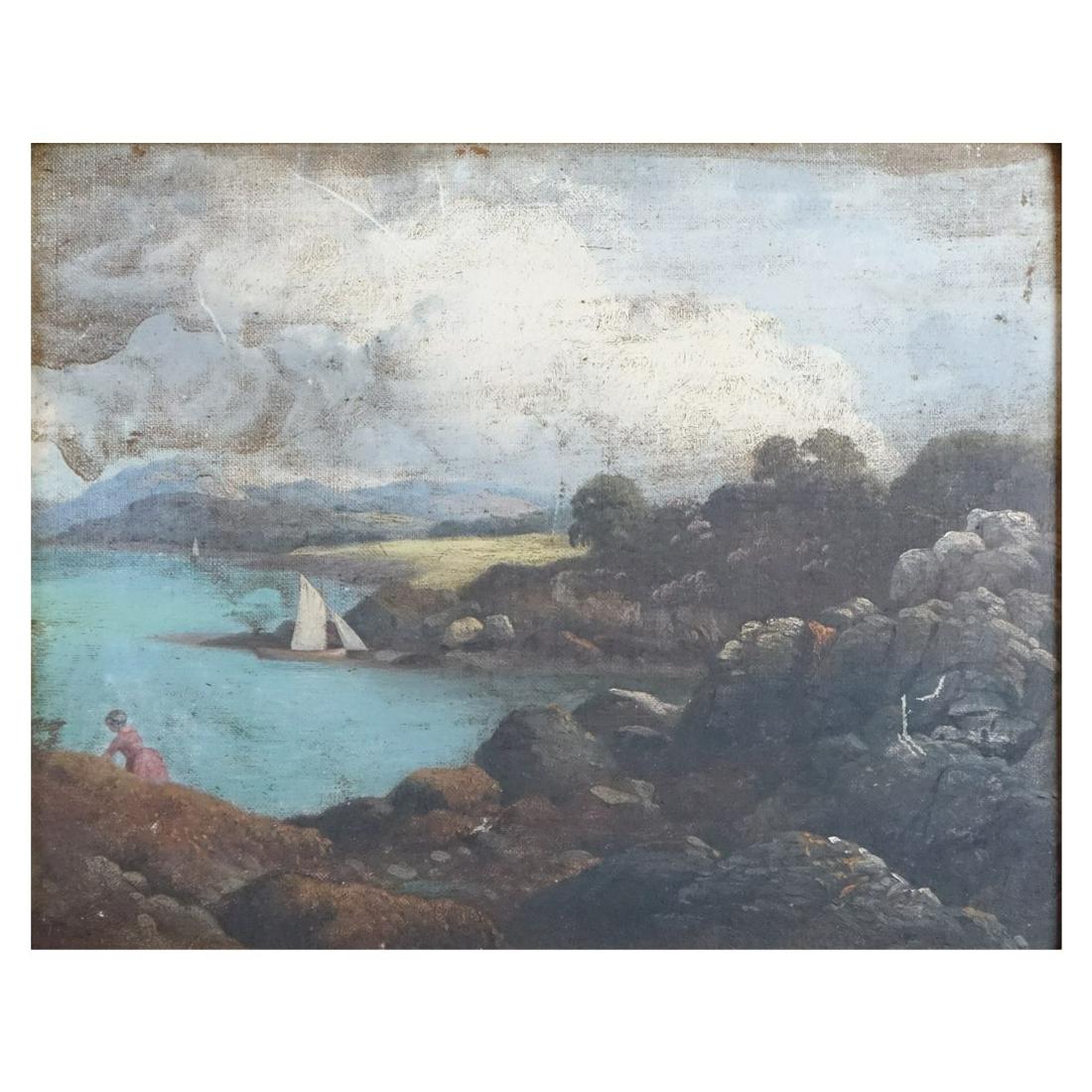 Fern Isabel Coppedge Style Oil on Board: Fern Isabel Coppedge Style Oil on Board "Coastal Scene" Unsigned. Newcomb Macklin Co. label attached en verso. Measures 10-1/8" H x 12-1/2" W, frame measures 15-5/8" H x 18-1/4" W. Condition: Good con