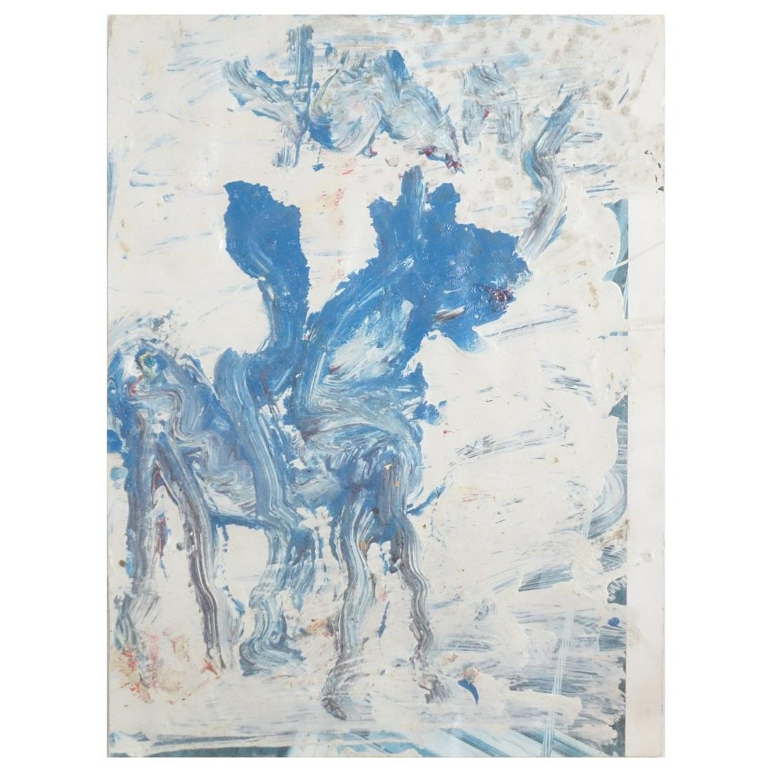 Purvis Young, American (1943 - 2010): Purvis Young, American (1943 - 2010) Oil on Found Paper "Abstract Figure on Horseback" Signed Top Center. Measures 11' H x 8" W, frame measures 13-1/2" H x 11-1/2" W. Condition: Appears to have some s