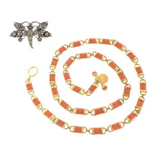 Angelique de Paris Necklace: Vintage Angelique de Paris Vermeil and Coral Color Bead Necklace together with Jay Strongwater White Metal and Faux Gemstone Butterfly Brooch. Signed, necklace stamped 925. Necklace measures 30" L, 5/