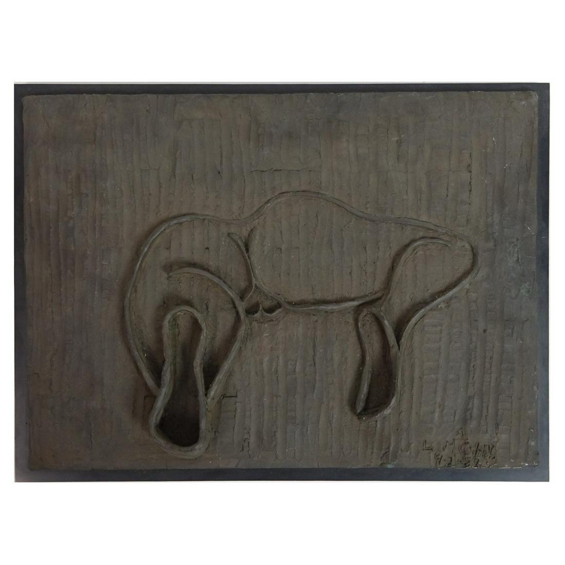 Larry Mohr, American (1921 - 2013): Larry Mohr, American (1921 - 2013) Wall Hanging Bronze and Composition Sculpture Mounted on Wooden Backing "A" (Erotic Composition) Signed and Dated 9-2-82 Lower Right. Measures 13-5/8" H x 18-1/2" W,