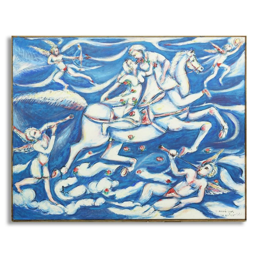 Vincente Fabre, (Dominican Republic): Vincente Fabre (Dominican Republic), 2005 Oil on Canvas, Lovers on White Horse. Signed lower right, 2005 La Entrega. Measures 47-3/4" H x 59-1/2" W. h x Condition: Good condition. Estimate: $100.00 - 