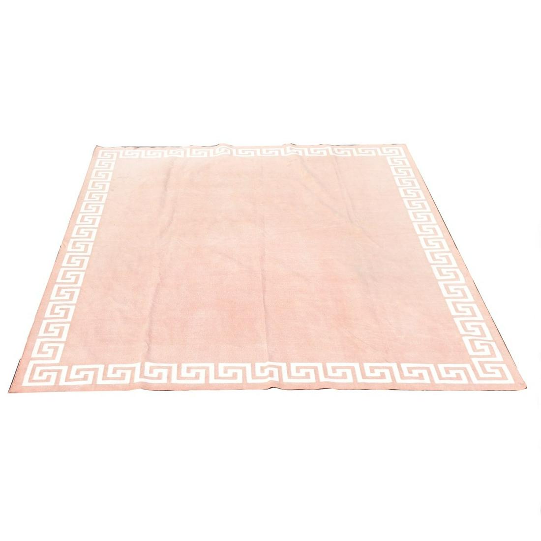 Mid Century Modern Amagansett Area Rug: Mid Century Modern Amagansett Flat Weave Area Rug. Label attached on the bottom side. Greek key motif. Measures 9' 7-1/2" x 7' 11". Condition: Good condition Estimate: $100.00 - $200.00 Domestic Shipp