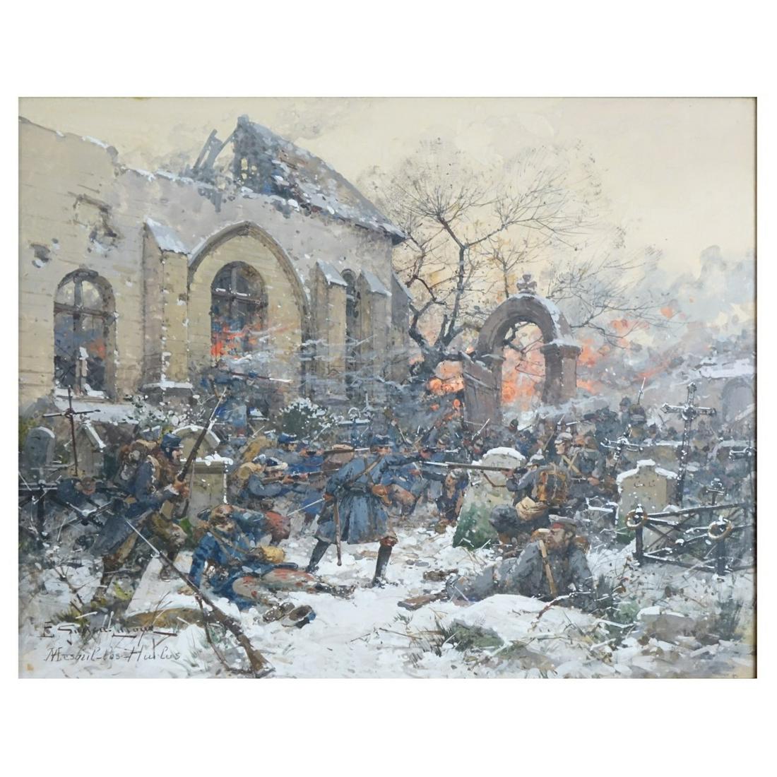 Eugene Galien-Laloue, French (1854 - 1941): Eugene Galien-Laloue, French (1854 - 1941) Watercolor on Paper "Skirmish at Mesnil Les Hurlus" Signed and Inscribed Mesnil Les Hurlus Lower Left. Tag affixed to the frame. Measures 12-5/8" H x 15-5/8"