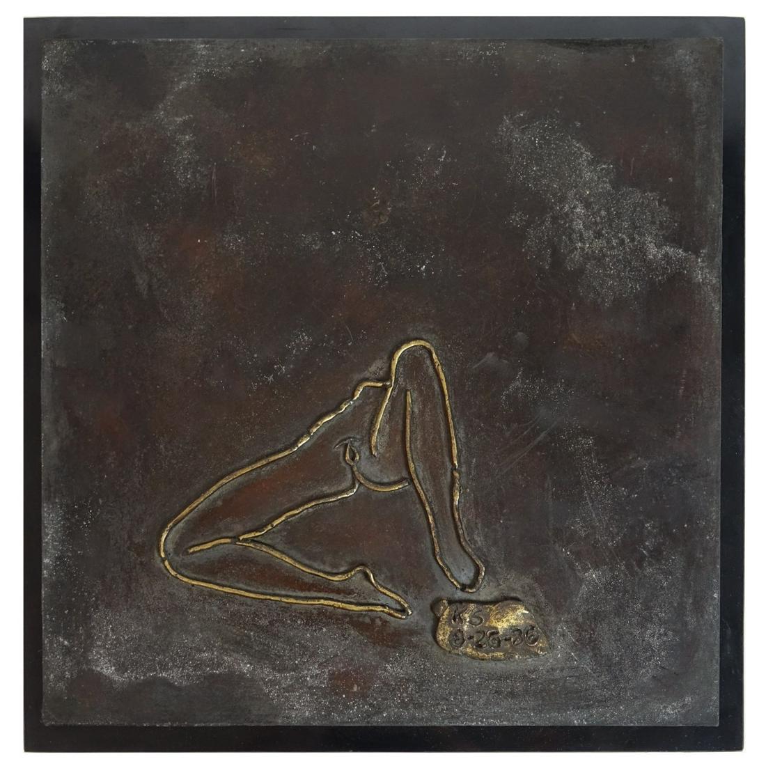 Larry Mohr, American (1921 - 2013): Larry Mohr, American (1921 - 2013) Wall Hanging Polychrome Bronze and Composition Sculpture Mounted on Wooden Backing "KS" (Erotic Composition) Signed and Dated 8-26-86 Lower Right. Sculpture measures