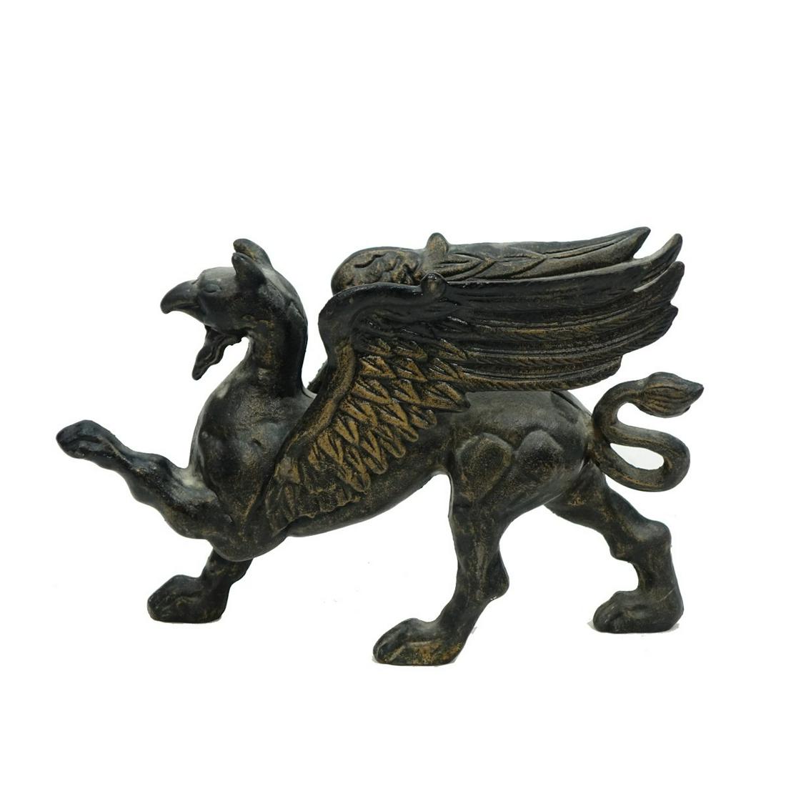 20th C. Cast Iron Doorstop Model of a Griffin: 20th Century Cast Iron Doorstop Model of a Griffin. Unsigned. Measures 8-1/2" H x 13' L. Condition: Rubbing to the surface, scuffs, needs cleaning Estimate: $50.00 - $150.00 Domestic Shipping: $66.00