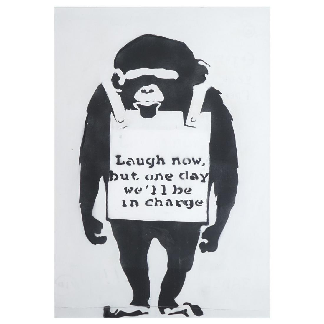 Banksy, British (Born 1974): Banksy, British (Born 1974) Stencil Spray and Paint on Canvas "Laugh Now Monkey" Dismaland Inscription on Obverse Side. Includes a copy of Dismaland ticket and documents. Measures 26-1/4" H x 19-3/8" 