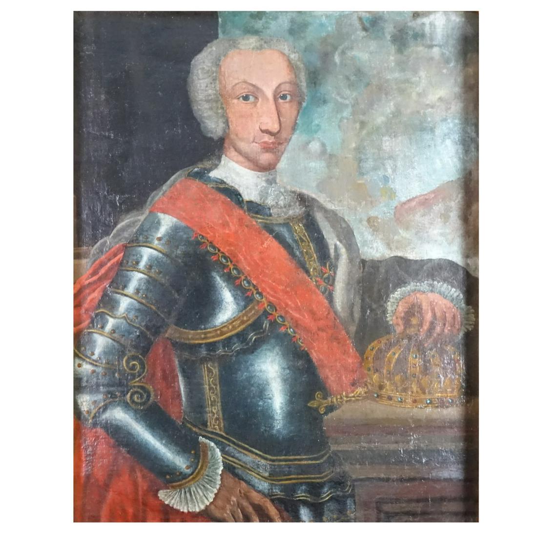 Antique Style O/C "King Charles III of Bourbon": Antique Style Oil on Canvas "Portrait of King Charles III of Bourbon" Unsigned. Presented in giltwood and partially Ebonized Frame. Tag with titled inscription attached to the frame. Measures 33" H x 
