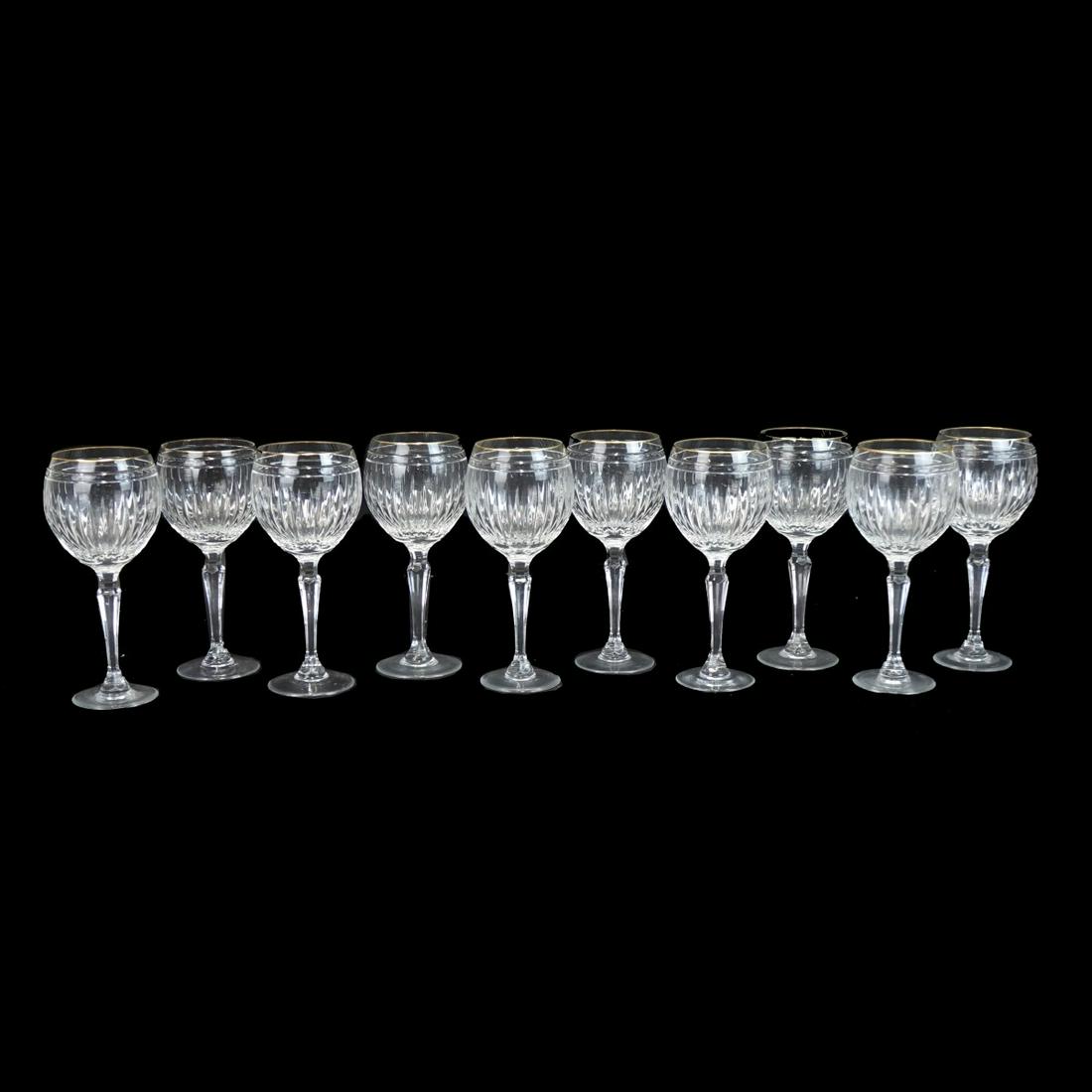 (10) Waterford Marquis "Hanover Gold" Wine Glasses: Set of Ten (10) Waterford Marquis "Hanover Gold" Crystal Balloon Wine Glasses. Signed. Measures 8-3/4" H. Provenance: The estate of Leon Amar, Palm Beach, Florida. Condition: Goo condition Estimate: $
