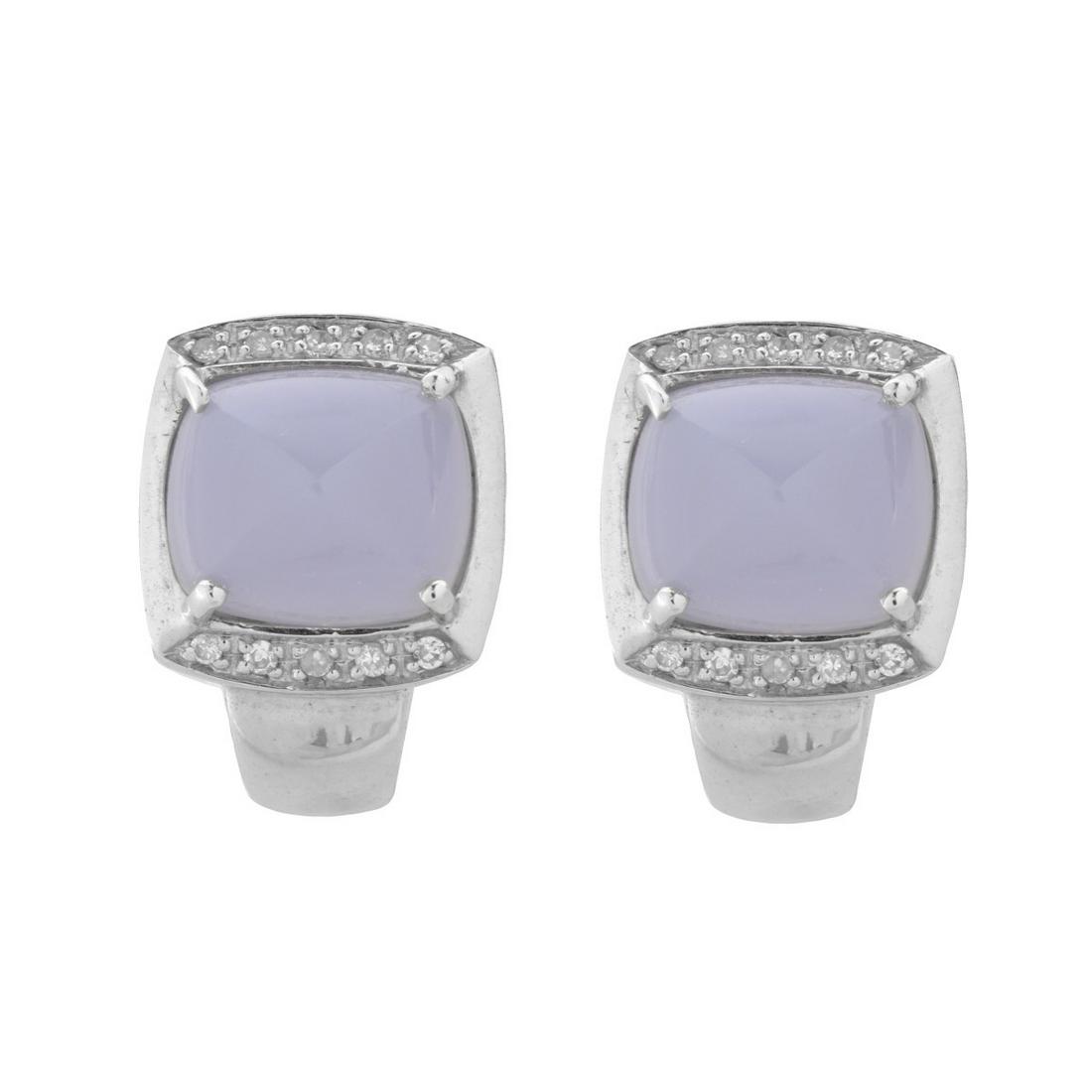 Chalcedony, Diamond and 14K Earrings: Vintage Chalcedony, Round Cut Diamond and 14 Karat White Gold Earrings. Stamped 14K 585. Measure 11/16" L, 9/16" W. Approx. weight: 8.47 grams. Condition: Very good condition. Estimate: $200.00 - $400