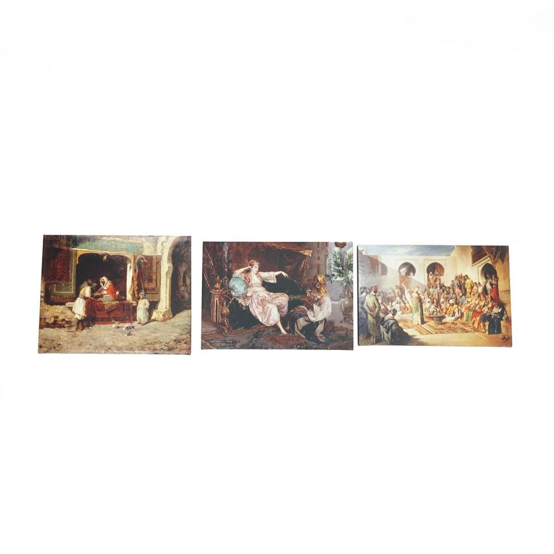Three (3) Orientalist Photoreproduction Prints: Grouping of Three (3) Orientalist Photoreproduction Prints on Canvas After Listed Artists. Largest measures 11" H x 14" W, smallest measures 9-1/4" H x 14" W. Provenance: The estate of Leon Amar, Palm