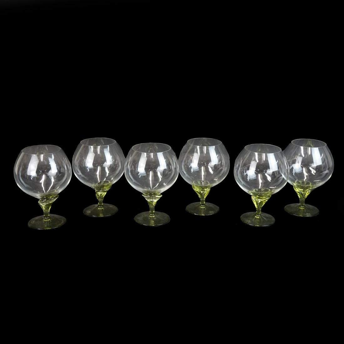 Six Rosenthal Brandy Snifters: Six Vintage Rosenthal Studio-Linie Clear to Green Glass Brandy Snifters. Etched signature to base. Measure 6-1/2" H, 4-1/2" W (max.). Condition: Good vintage pre-owned condition. Estimate: $50.00 - $1