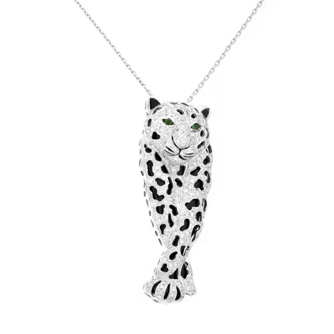 Cartier style Diamond Pendant Necklace: Cartier style Approx. 2.0 Carat TW Pave Set Round Brilliant Cut Diamond, Black Onyx and 18 Karat White Gold Jaguar Pendant with Emerald Eyes, 14 Karat White Gold Chain. Diamonds F-G color, VS2 clarity