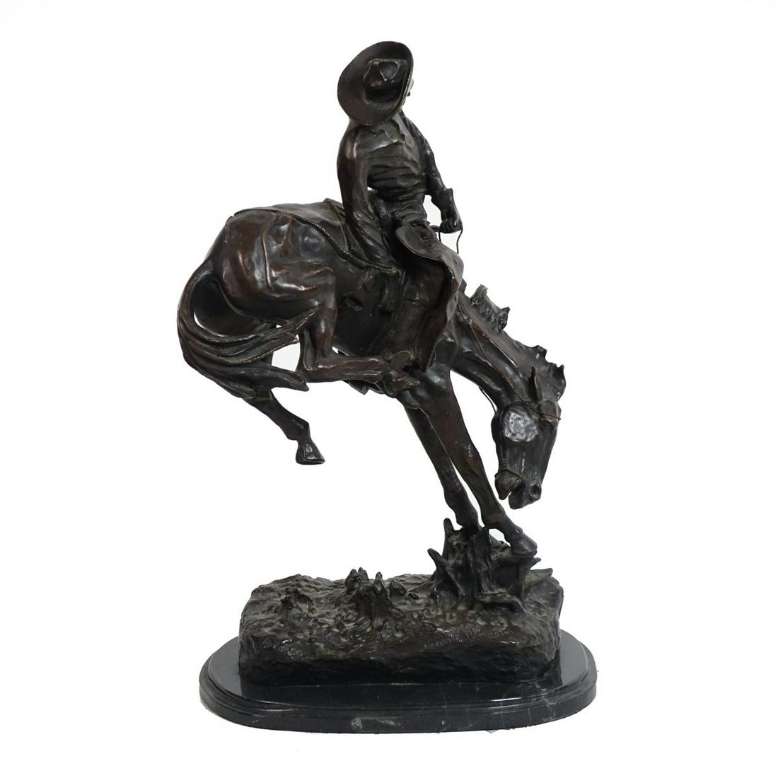 After: Frederic Remington (1861 - 1909): After: Frederic Sackrider Remington, American (1861 - 1909) Bronze Sculpture on Marble Base "The Outlaw" Signed. Measures 24". Condition: Good condition. Estimate: $200.00 - $600.00 Domestic Shipping: