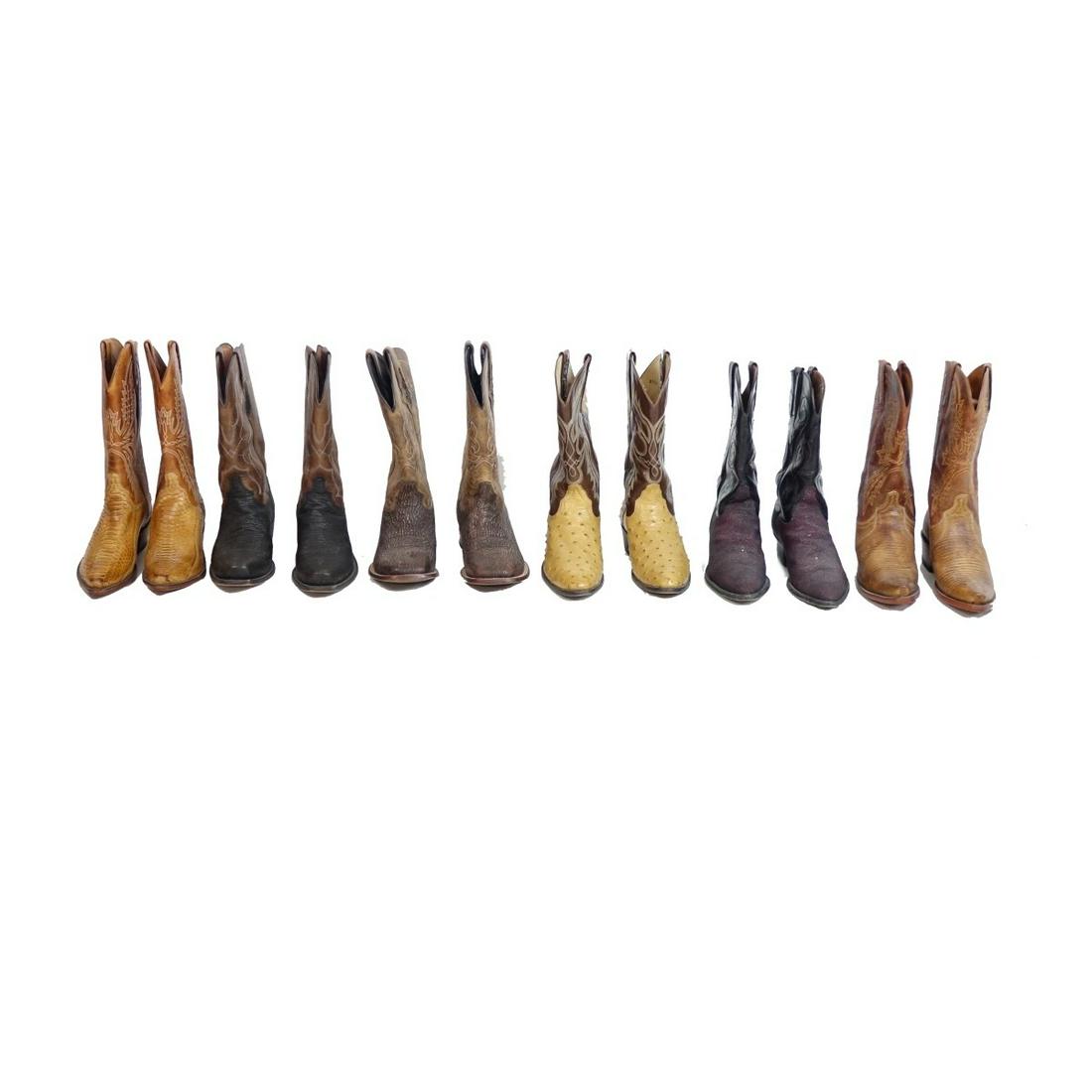 (6) Pairs of Vintage Leather Cowboy Boots: Six (6) Pairs of Vintage Leather Cowboy Boots. Makers: Larry Mahan, 1883 by Lucchese, and Luchese. Size ranges from 8 to 9-1/2. Condition: Used condition, Lot is being sold in As Is condition with wea