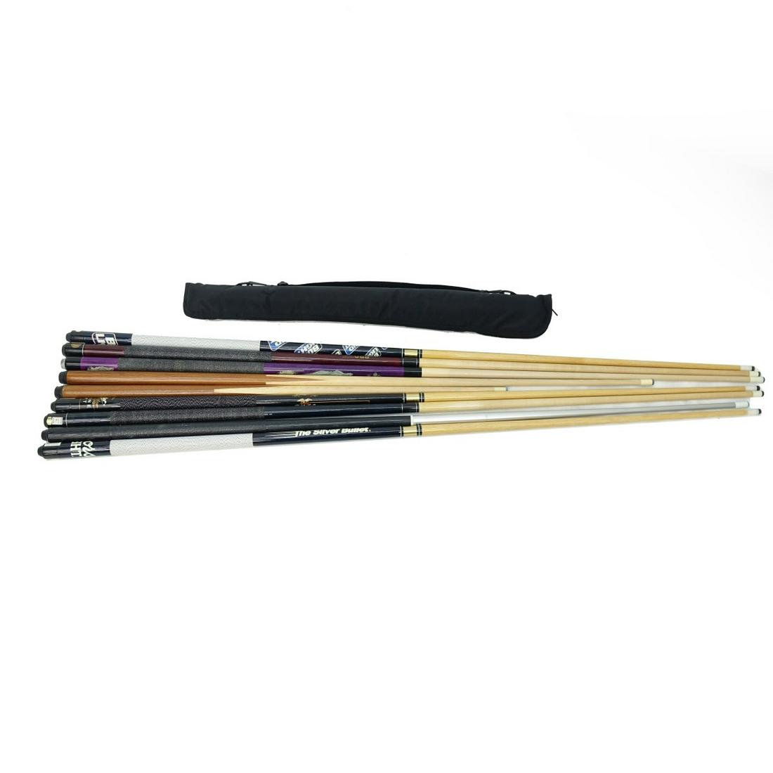 (10) Assorted Pool Cues: Collection of Ten (10) Assorted Pool Cues. Makers: (2) Pro Am, Coors Light, Bud Light, Miller. Longest measures 58-1/4". Condition: Used condition. Estimate: $100.00 - $200.00 Domestic Shipping: Third