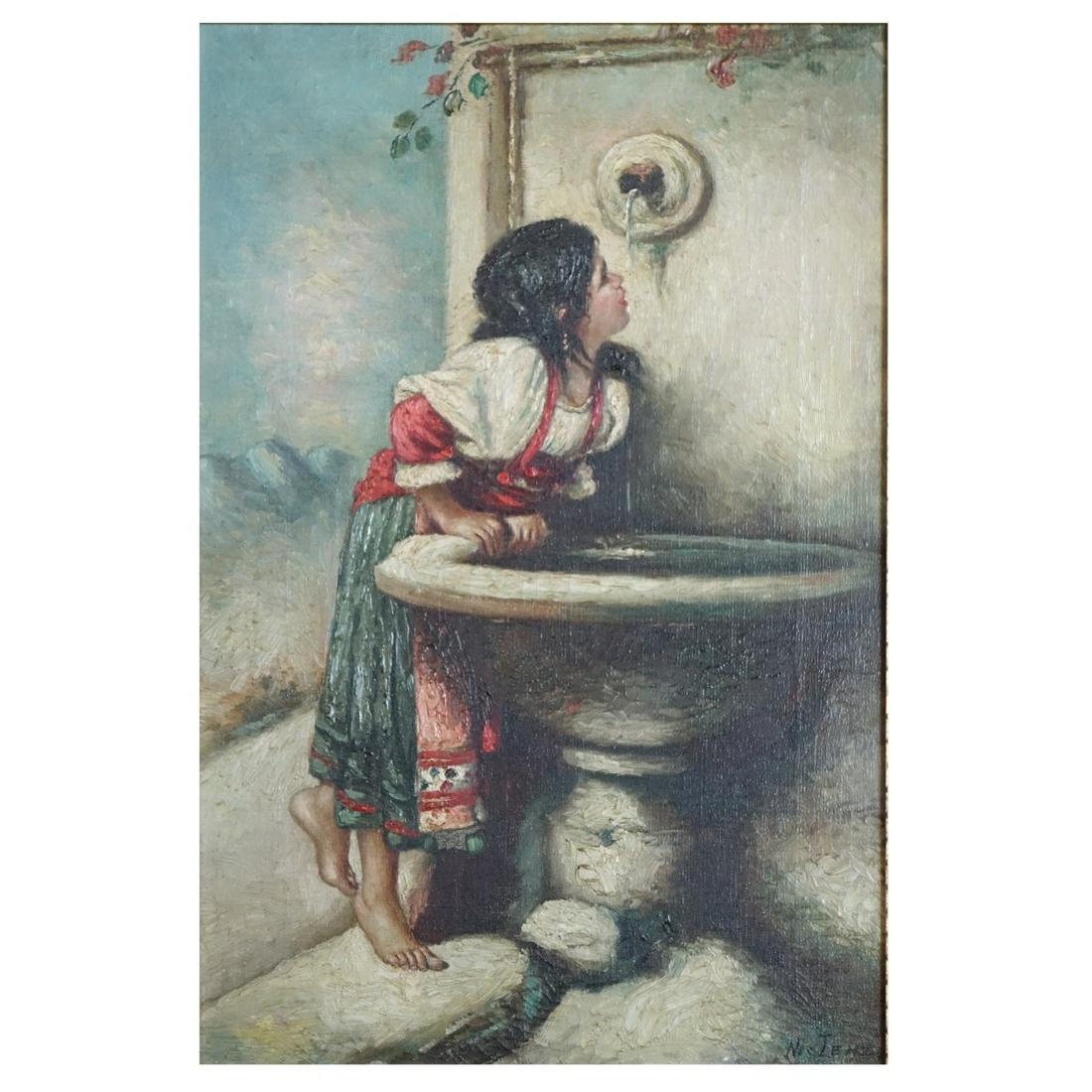 Nic Lenz, American (20th C): Nic Lenz, American (20th Century) Oil on Canvas "Rebecca at the Well" Signed Lower Right. Measures 17-1/2" x 11-1/2", frame measures 22" x 16". Condition: Good condition. Estimate: $50.00 - $150.00 Do