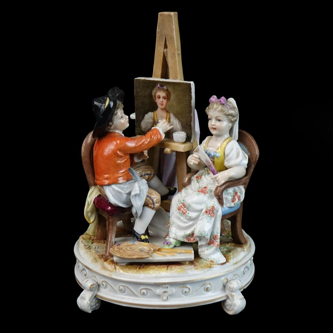 Antique Meissen Style Porcelain Group: Antique German Meissen Style Porcelain Group. Signed and impressed numbers on the base. Measures 7" x 5". Condition: Small losses or else good condition. Estimate: $100.00 - $200.00 Domestic Shipping: