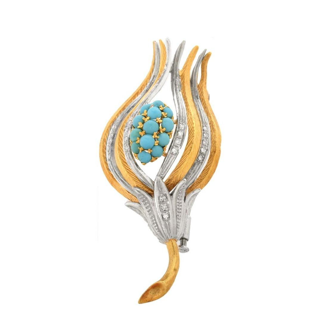 Diamond, Turquoise and 18K Flower Brooch (1 of 5)