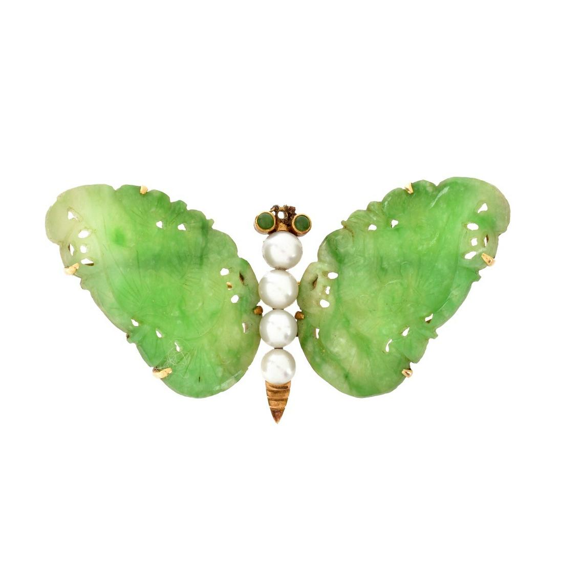 Jade, Pearl and 14K Brooch: Vintage Chinese Carved Jadeite Jade, Pearl and 14 Karat Yellow Gold Butterfly Brooch. Stamped 14K 585. Jade with vivid green color. Measures 1-1/4" H, 2-1/4" W. Approx. weight: 11.83 grams. Condition: