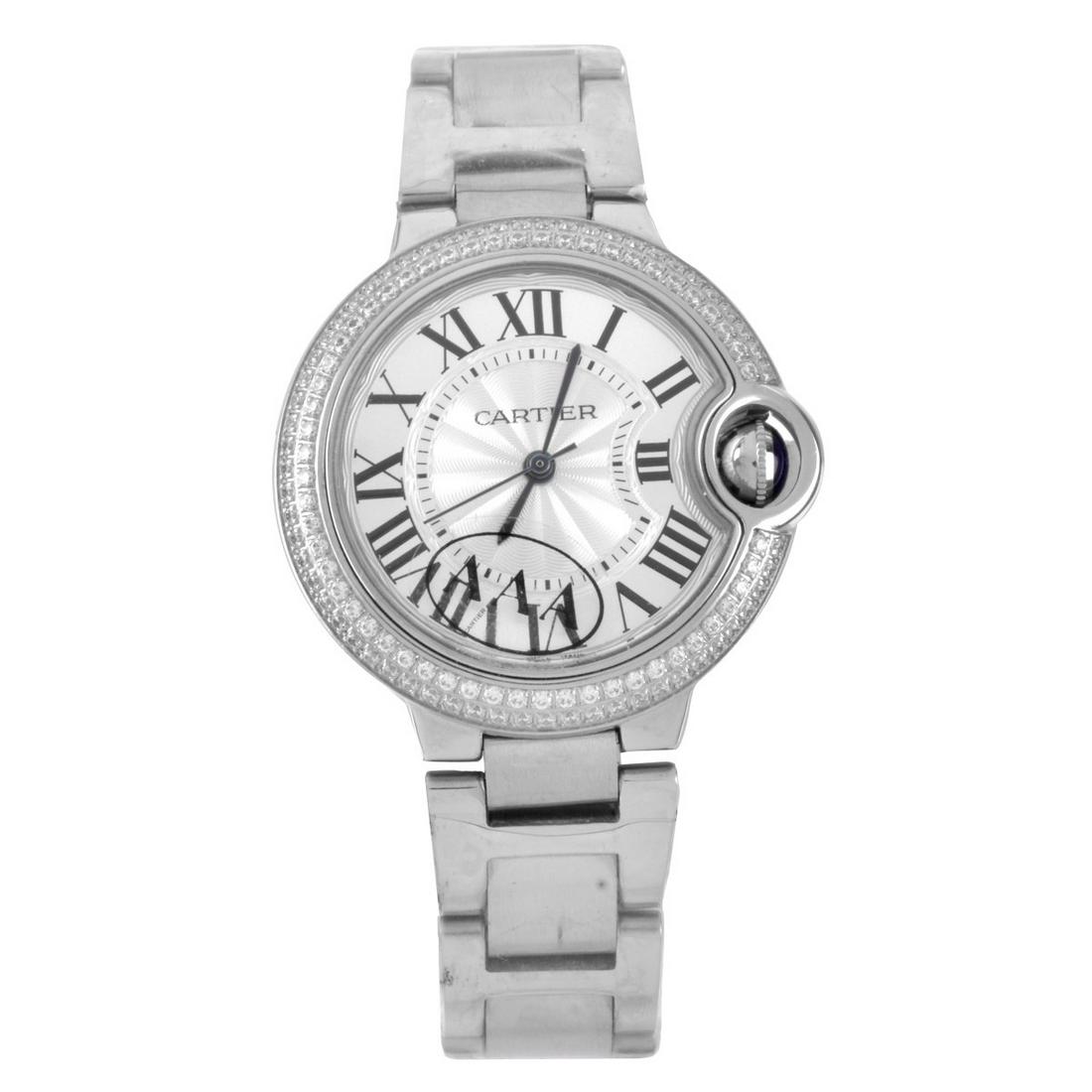 Cartier Replica Watch: Lady's Cartier Replica Stainless Steel Bracelet Watch with Cubic Zirconia Accented Bezel, White Dial with Roman Numerals. Quartz movement. Case measures 32.5mm. Bracelet measures 6-1/2" L Condition: N