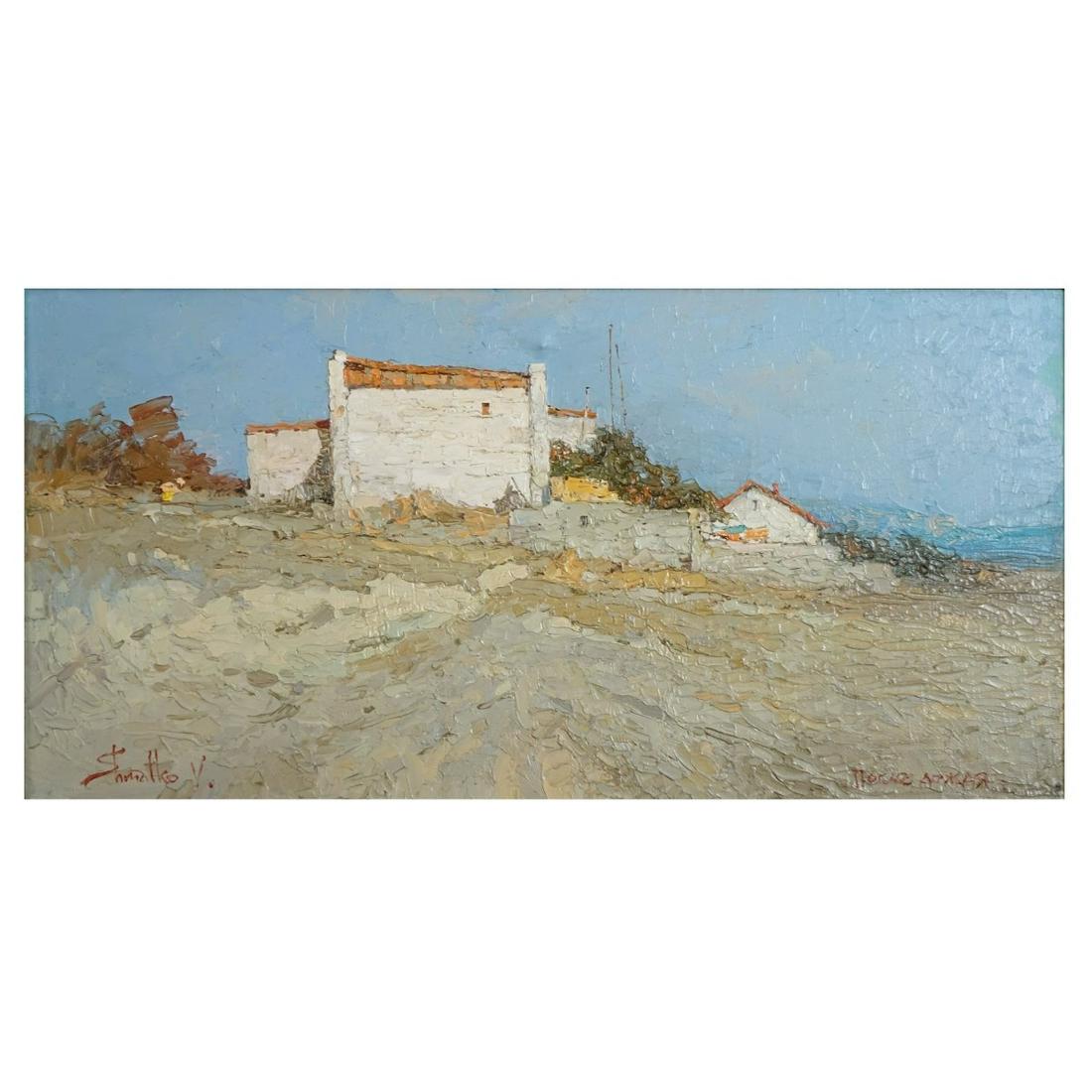 Valeriy Shmatko, Ukrainian (Born 1965): Valeriy Shmatko, Ukrainian (Born 1965) Oil on Canvas "Crimean Coastal Scene" Signed Lower Left. Cyrillic inscription lower right. Inscribed en verso. Measures 11-1/2" 23", frame measures 13-1/4" x 25-