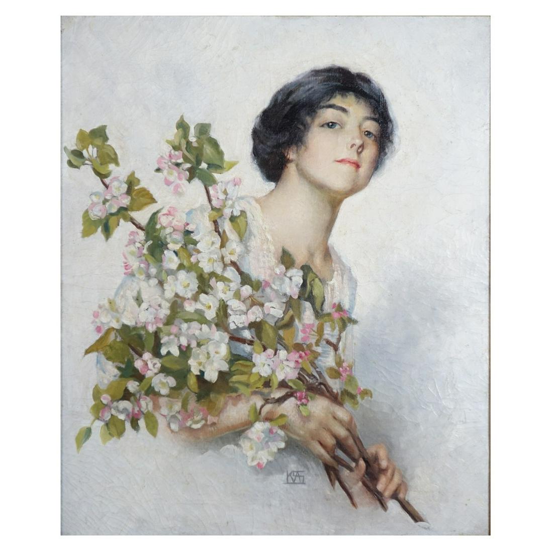 19/20th C. O/C Portrait w/ Flowers (1 of 4)