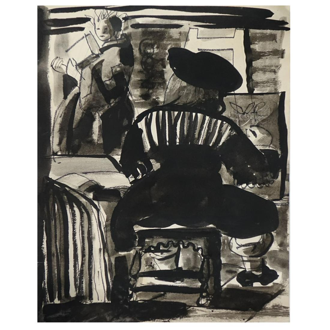 After: Jan Vermeer (1632 - 1675): After: Jan Vermeer, Dutch (1632 - 1675) Watercolor on Paper "Interior Scene with Figures" Signed Lower Right. Unframed. Measures 24" x 17-7/8". Condition: Very light spotting overall good condition. E