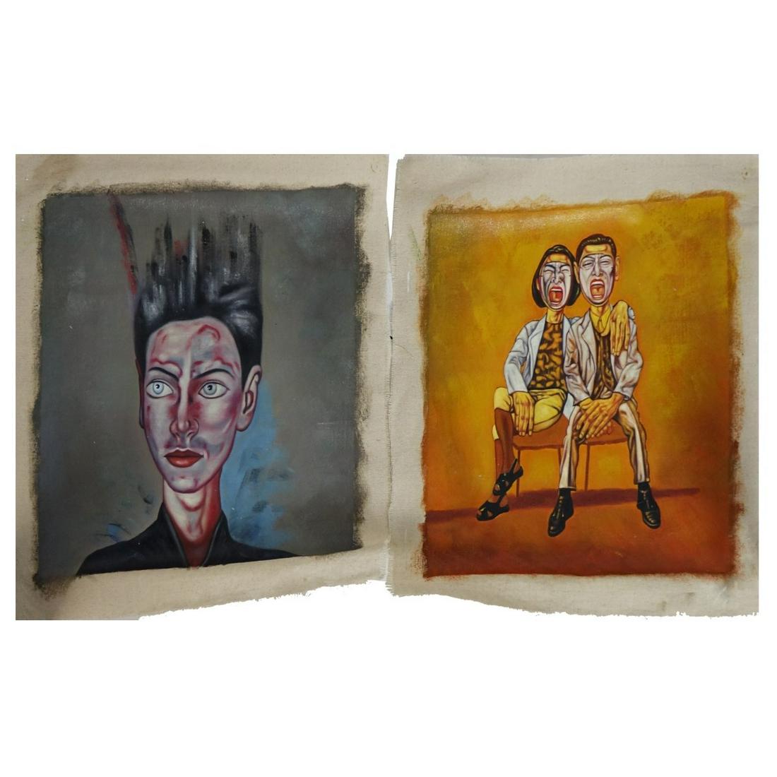 After: Fanzhi Zeng (Born 1964): Grouping of Two (2) Chinese Contemporary Oil Paintings After: Fanzhi Zeng (Born 1964). Unsigned. Unframed. Canvas measures 16-1/2" x 16". Condition: Good condition. Estimate: $50.00 - $150.00 Domestic