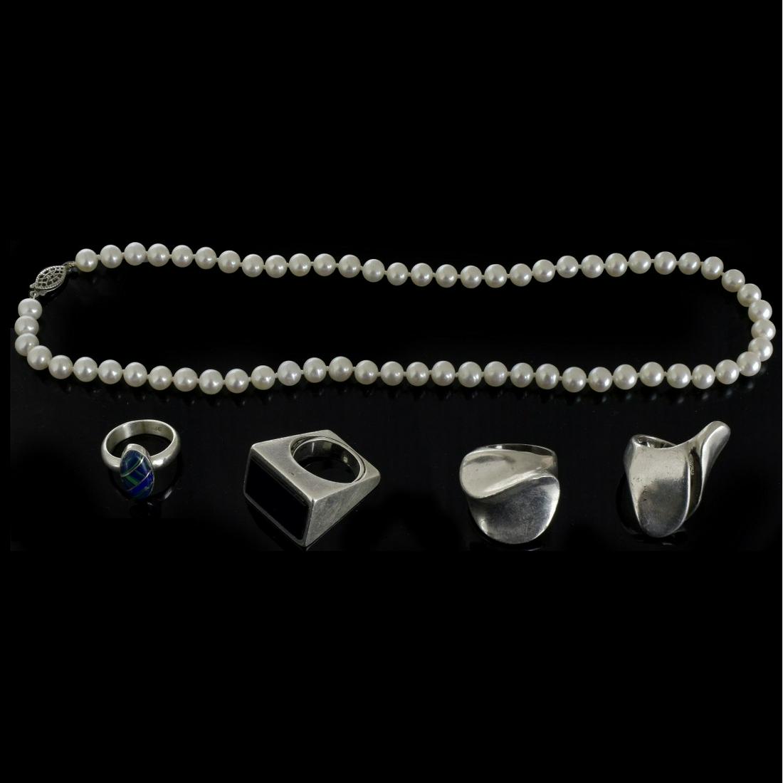 Four Sterling Rings, One Pearl Necklace (1 of 2)