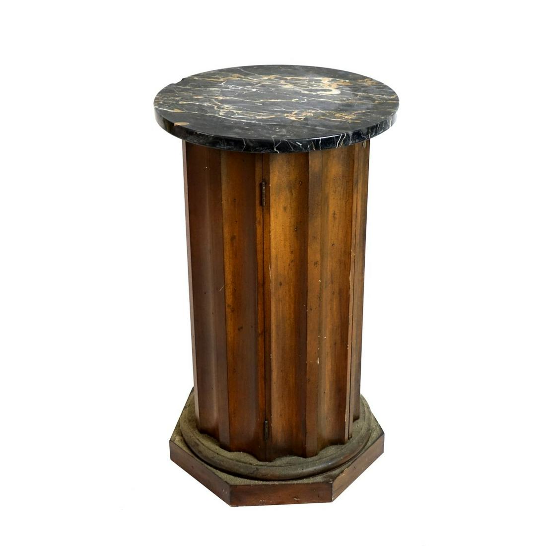 20th C. Wood and Marble Top Pedestal: Mid 20th Century Fluted Wood Marble Top Pedestal with Interior Storage. Measures 27-1/2" x 16". Condition: Marble has a chip, interior is missing shelf, some surface scuffs, needs cleaning, otherwise
