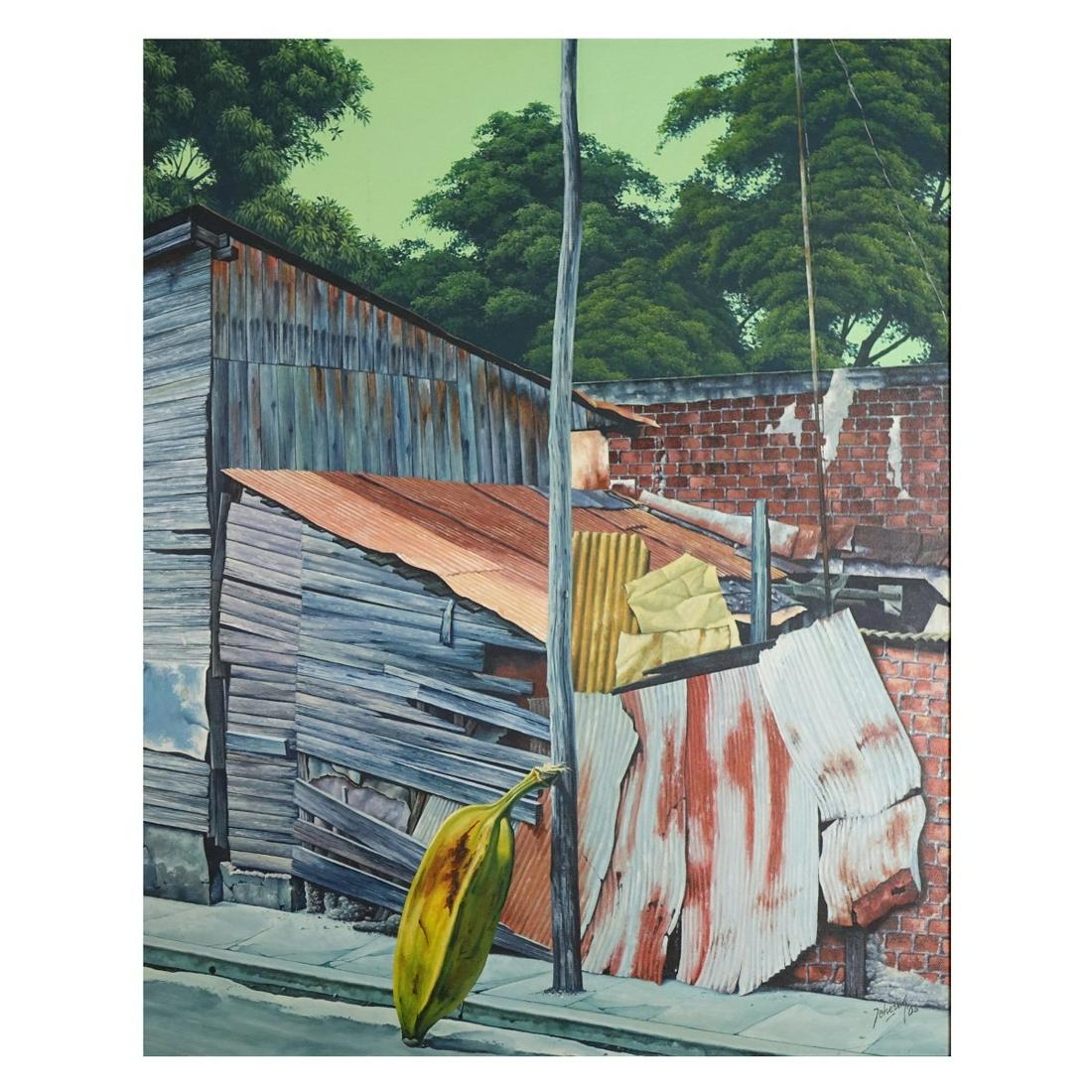 Joherms Quiala Brooks (20th C.): Joherms Quiala Brooks, Cuban (20th Century) Acrylic on Canvas "El Turista" Signed Lower Right. Inscribed en verso. Measures 32" x 25-3/4", frame measures 36" x 29". Condition: Good condition. Estimate