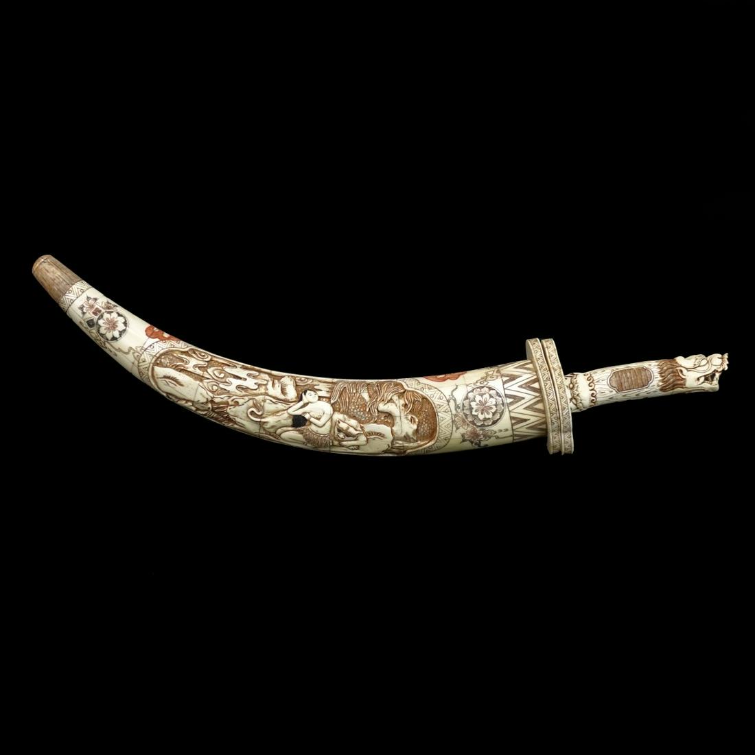 Chinese Carved Bone Sword: Chinese Carved Polychrome Bone Sword in Scabbard. Busy floral embellishments with deep figural relief en center and dragon figural handle. Measures 28". Condition: Good condition. Estimate: $200.00 - 