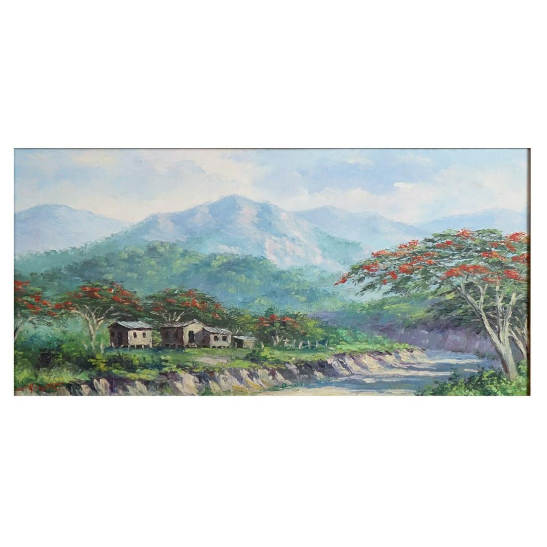 Jose Azaustre, Spanish (b. 1929): Jose Azaustre, Spanish (b. 1929) Oil on Canvas "Country Landscape" Signed Lower Left. Measures 12" x 24", frame measures 16-1/4" x 28-1/2". Condition: Good condition. Estimate: $100.00 - $300.00 Domes