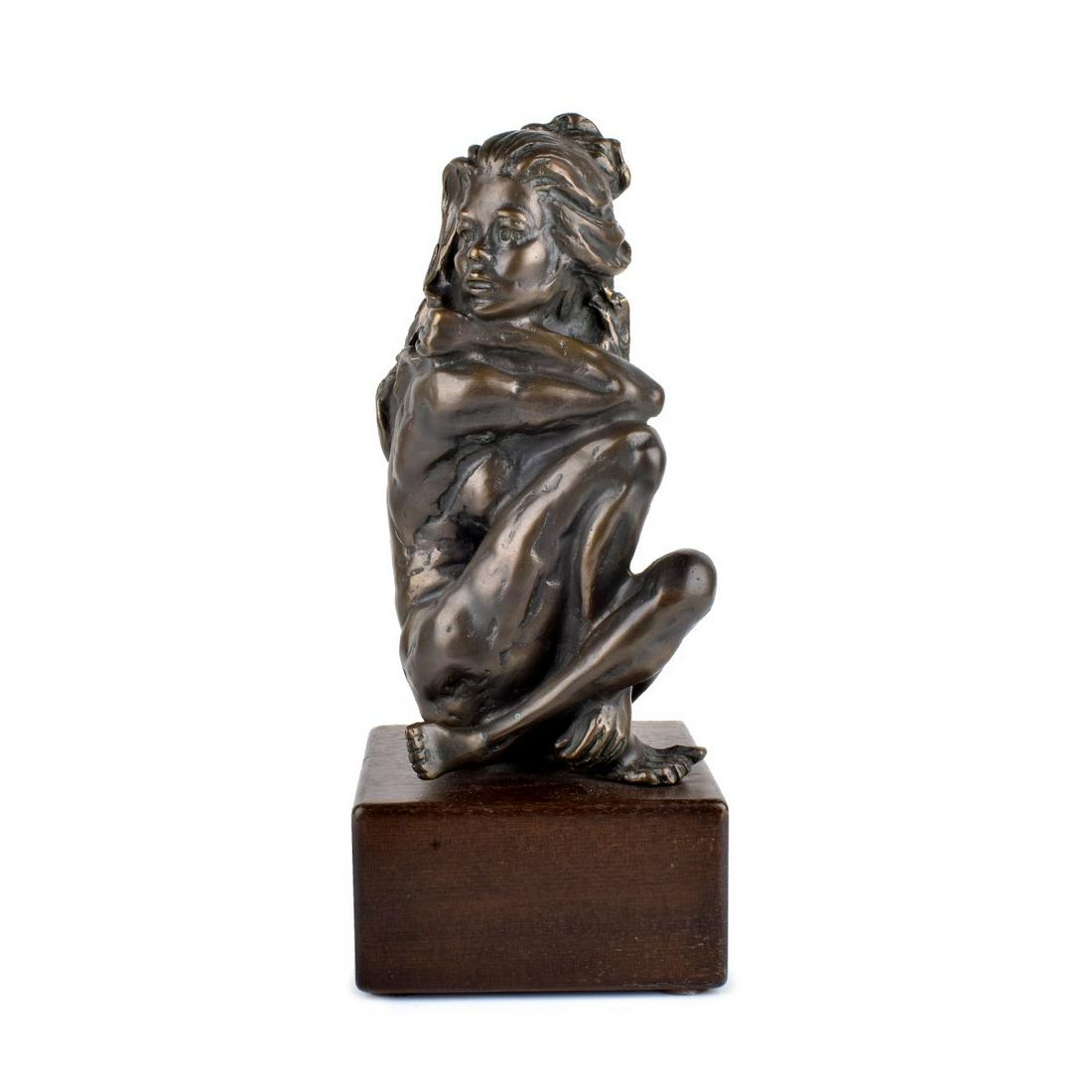 20th C. Bronze Sculpture of a Kneeling Nude: 20th Century Bronze Sculpture of a Kneeling Nude on Wooden Base. Numbered 71/399 on obverse side. Measures 11', overall measures 14-1/8". 10% of the proceeds with be donated to the Never Give Up Found
