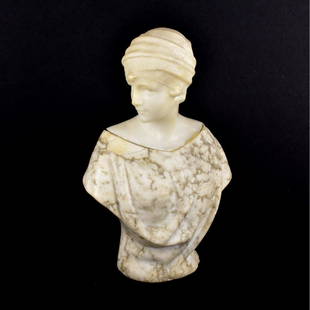 Guglielmo Pugi (fl. 1870-1915): Guglielmo Pugi, Italian (fl. 1870-1915) Marble and Alabaster Sculpture "Woman with Turban" Signed on Reverse Side. Measures 10-1/8" x 6-1/4". Condition: Appears to be professionally restored on the ne