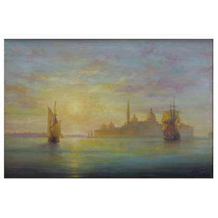 Attrib: Ivan Konstantinovich Aivazovsky (1817 - 19: Attributed To: Ivan Konstantinovich Aivazovsky, Ukrainian (1817 - 1900) Oil on Canvas "Sailboats at Sunset" Signed Lower Right. Measures 25-3/8' x 38", frame measures 33-1/2" x 46-3/8". A work listed