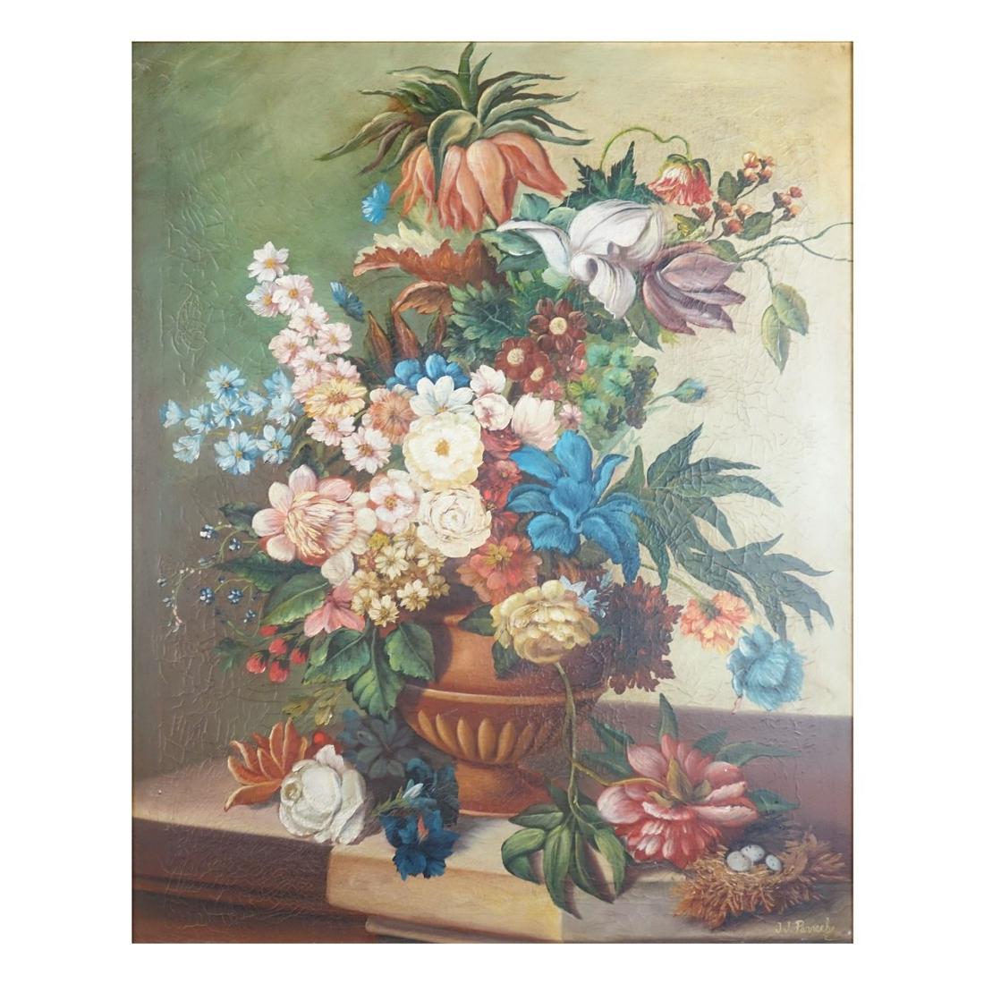 JJ Pannecho (20th c.): JJ Pannecho (20th century) Oil on Canvas "Still Life Flowers" Signed Lower Right. Measures 39-3/8" x 31-1/4", frame measures 43-3/4" x 36-3/4". Condition: Craquelure otherwise good condition. Estimate