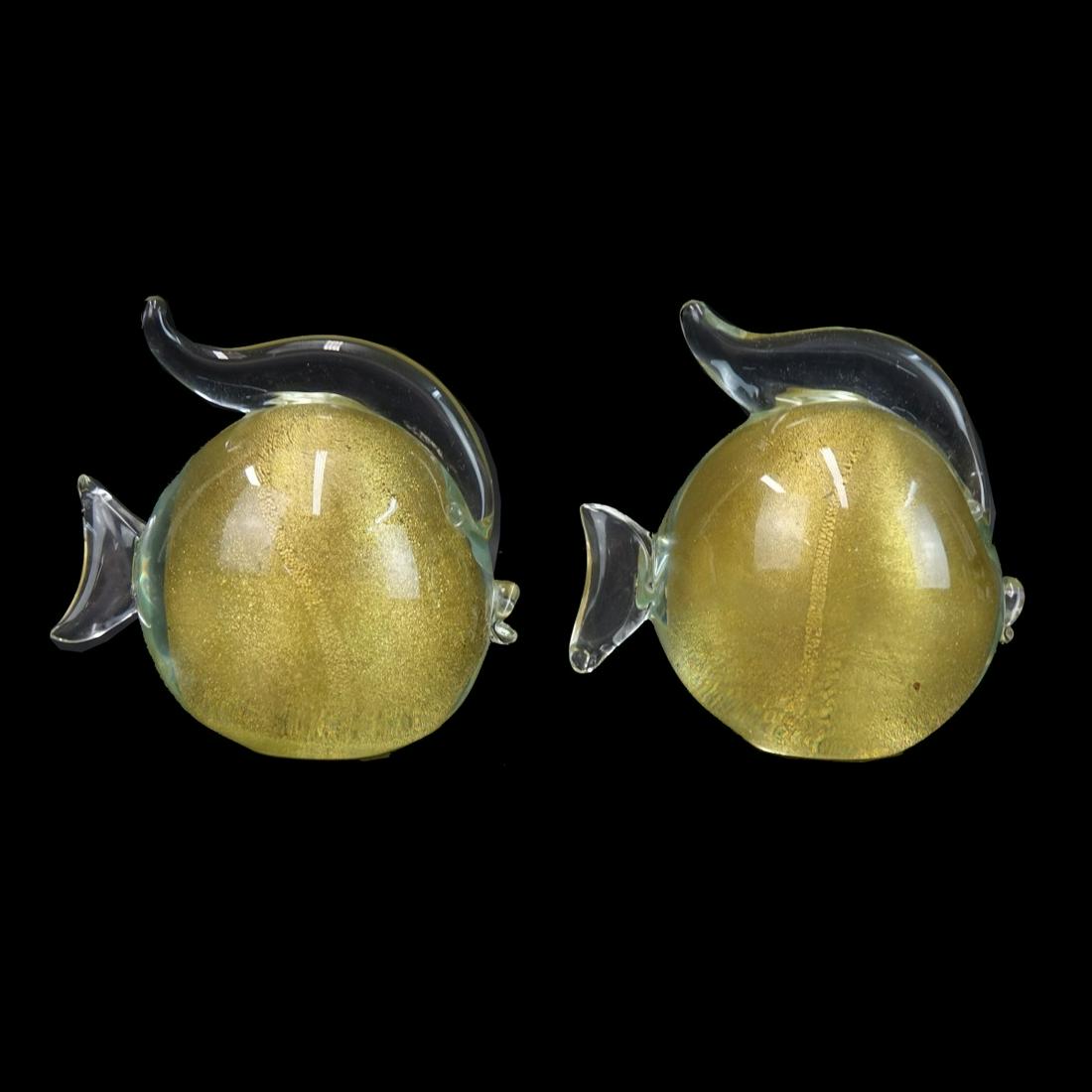 Pair of Seguso Murano Figures: Pair of Seguso Murano Art Glass Fish Figures with Gold Flecks. Labeled attached. Measures 3-3/4' x 4". Condition: Good condition. Estimate: $50.00 - $150.00