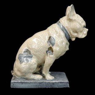 Marcel Guillard, French (1896 - 1932): Marcel Guillard, French (1896 - 1932) Polychrome Ceramic Crackle Glazed Dog Figure. Signed with SBGB mark and incised Marcel Guillard mark. Measures 8-1/2" x 3-1/2" x 7-1/2". Condition: Crazing otherw