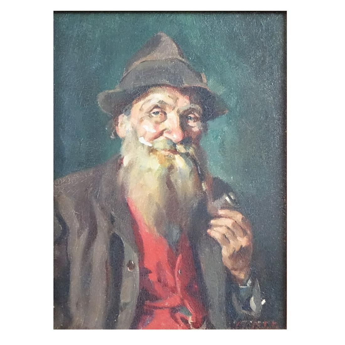 Vintage German School O/B: Vintage German School Oil on Board "Pipe Smoker" Signed Lower Right. Measures 9-1/2" x 7-1/4", frame measures 11-3/8" x 9". Condition: Craquelure, small paint loss otherwise good condition. Estimate: