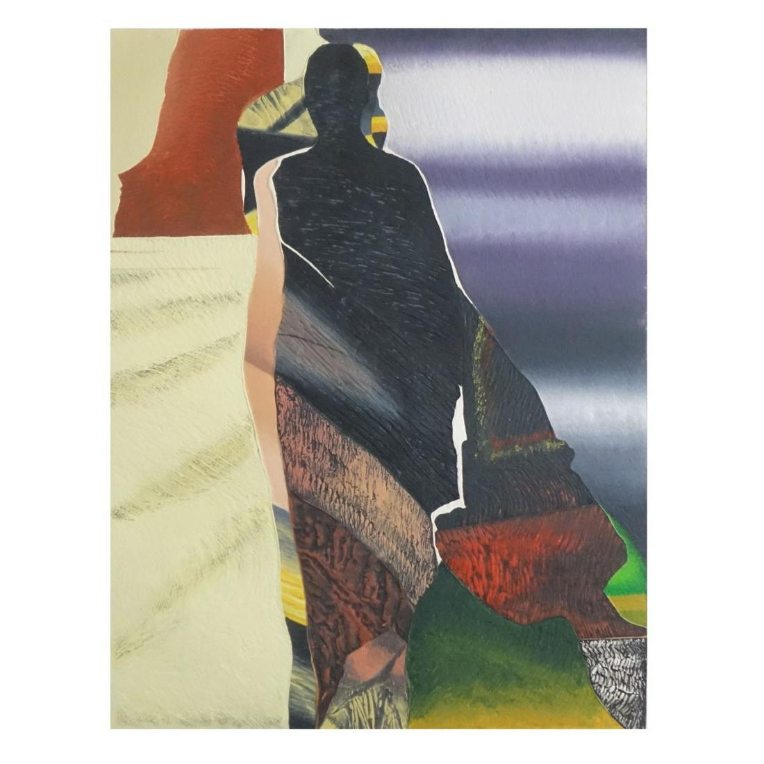 Genevieve Hugon (Born 1945): Genevieve Hugon (Born 1945) Color Etching and Intaglio on paper "Abstract Femme Figure" Signed and Numbered 26/75. Measures 25-1/4" x 19", frame measures 42-5/8" x 36". Condition: Good condition. Esti