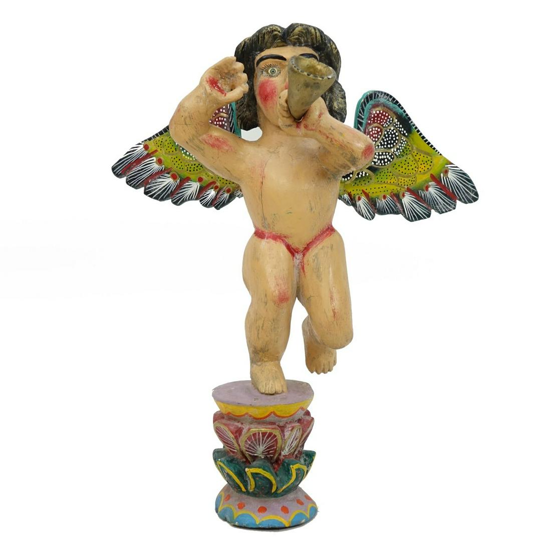Vintage Mexican Folk Art Winged Angel: Vintage Mexican Hand Carved Painted Folk Art Winged Angel. Unsigned. Measures 28" x 23". Condition: Rubbing and nicks to the surface otherwise good condition. Estimate: $50.00 - $150.00 Domestic Shipp