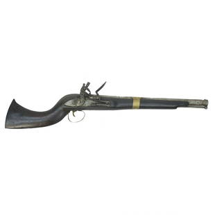 Antique Middle Eastern Blunderbuss: Antique Middle Eastern Flintlock Blunderbuss. Dated 1872 and British East India Co rampant lion mark on hardware. Measures 26-3/4". Condition: Good antique condition. Normal surface wear. Estimate: